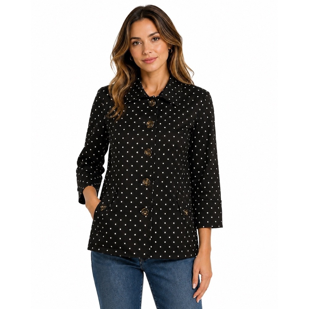 ATTYRE Polka Dot Button Blazer Jacket Women L Cotton Black Career Chic City Wear